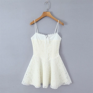 Elegant white lace camisole mini dress with floral embroidery and A-line skirt detail