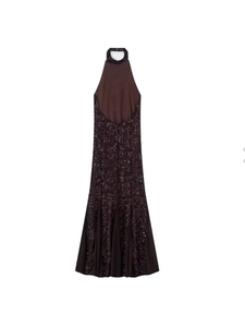 Elegant halter neck backless maxi dress with sequin detail in deep purple hue