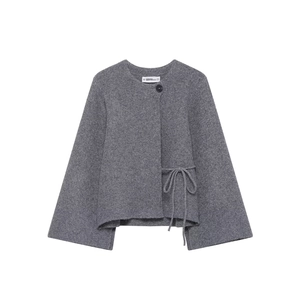 Cardigan en Maille Décontracté pour Femmes Gris Uni Col Rond Cordon à la Taille Manches Cloche Veste en Tricot
