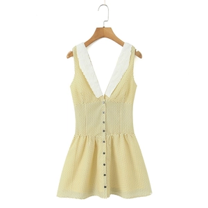 Abito Mini in Stile Vintage Francese con Scollo a V e Pois da Donna Senza Maniche con Ricamo a Occhielli e Bottoni Slim Fit
