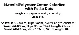 Detailed size guide and measurements for the red polka dot short skirt set