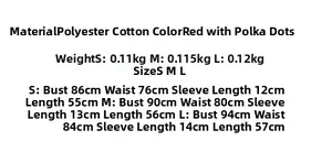Detailed size chart for red polka dot short sleeve shirt and skirt set for women