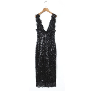 Slim fit black sequin midi dress with elegant lace trim and deep V-neck design