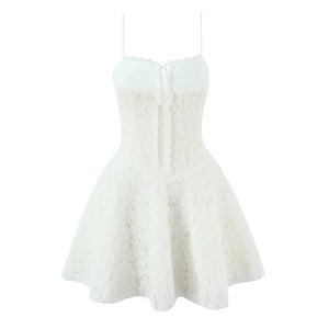 White floral lace camisole dress with tie-front detail and a slim A-line silhouette