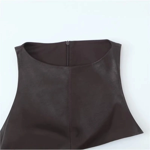 Fashionable dark coffee faux leather sleeveless mini dress with back zipper detail