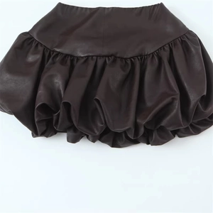 Dark brown faux leather mini bubble skirt with a wide waistband and pleated volume