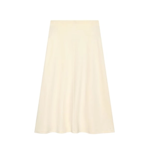 Close-up of the smooth satin fabric texture and flowing hem of the cream midi skirt