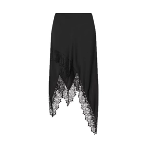 Elegant black asymmetric midi skirt featuring delicate eyelash lace trim and satin finish