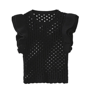 Haut en maille ajourée noire pour femme avec manches à volants et col rond élégant