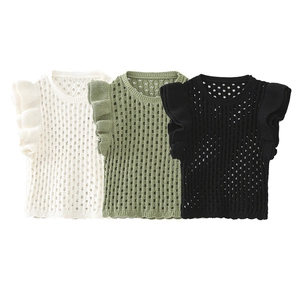 Ensemble de débardeurs en maille ajourée pour femmes avec volants en blanc, vert et noir
