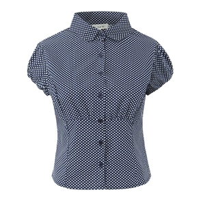 Detail of dark blue polka dot short sleeve shirt with turn-down collar and buttons