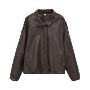 Chaqueta De Cuero Sintético Para Mujer PU Marrón Café Cuello Vuelto Charreteras Ajuste Holgado Casual Ropa De Abrigo