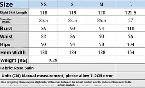 Detailed size chart for silk satin dress showing measurements for XS to L in centimeters
