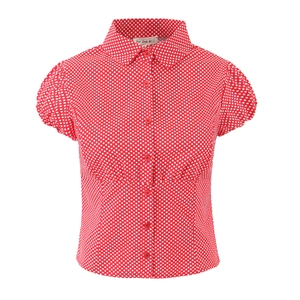 Detail of red polka dot short sleeve shirt with puff sleeves and classic lapel collar