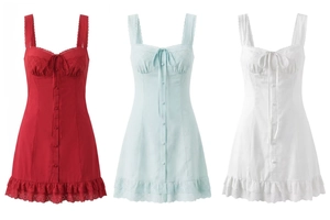 Detail of summer mini dress with lace trim, bow tie front, and ruffle hem in three colors