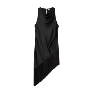 Women's Fashion Casual Satin Texture Fringe Dress Sleeveless Cowl Neck Asymmetric Hem Solid Color Elegant Midi Dress