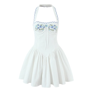 Women Summer Halter Dress White Floral Embroidery Scalloped Trim Sleeveless Backless A-Line Casual Mini Party Dress