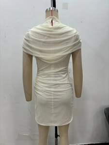Detail of off-white ruched bodycon dress featuring elegant cowl neck and mesh texture