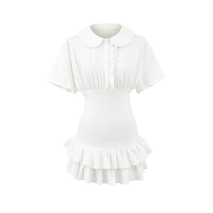 Detail of white short sleeve dress featuring ruffled button placket and tiered hemline