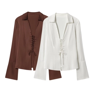 Women Elegant Satin V-Neck Lace Up Shirt Flare Long Sleeve Slim Fit Solid Blouse Office Lady Fashion Casual Chic Top