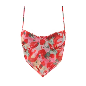 Detail of red floral corset top featuring strawberry print, underwire cups, and V-hemline