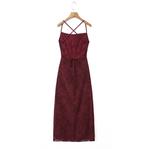 Detail of burgundy lace-up back design on a floral jacquard midi summer dress