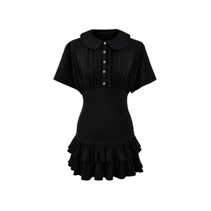 Detail of black dress with Peter Pan collar, front buttons and ruffled tiered hemline