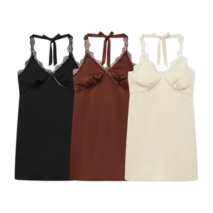 Women Satin Halter Lace Patchwork Nightgown Sexy V Neck Sleeveless Solid Color Backless Sleepwear Dress For Daily Home Wear