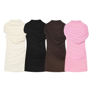 Sexy Ruched Cowl Neck Sleeveless Mesh Patchwork Bodycon Mini Dress For Women Elegant Slim Fit Party Clubwear Evening Dress