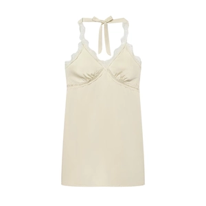 Close-up of the elegant off-white satin nightgown featuring lace V-neck and halter bow