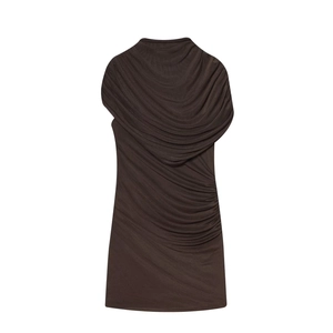 Detail view of the asymmetrical gathered neck and ruched side on this brown sleeveless dress