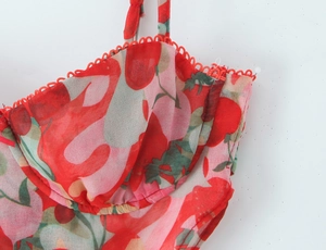 Close-up of floral camisole top featuring delicate red lace trim and fine fabric texture