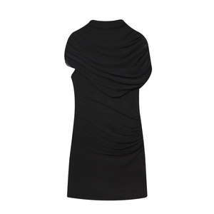 Detail of the elegant draped high neckline on a black sleeveless bodycon dress