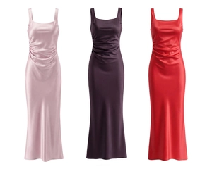Detailed comparison of three satin maxi dresses with waist ruching in pink, purple, and red
