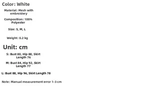 Size chart for the white lace mesh dress showing bust, hip, and length measurements in CM