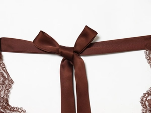 Detail of brown satin bow with delicate lace trim on elegant dress or accessory