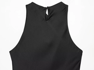 Detail view of the keyhole back design on this elegant black sleeveless satin top