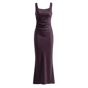 Detail of dark purple satin evening dress featuring elegant side waist ruching texture