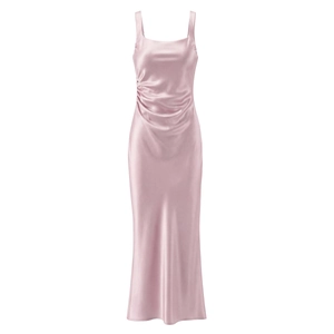 Detailed view of the side ruching on this elegant light pink satin mermaid dress
