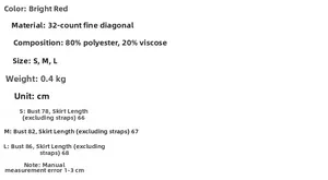 Tableau des tailles pour robe dos nu moulante rouge avec mesures pour les tailles S, M, L