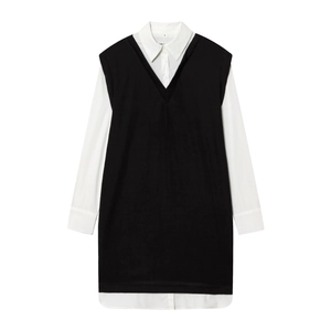 Dames Mode Fake Tweedelig Gesplitst Midi-Jurk Casual Lange Mouwen Contrastkleur Popeline Gebreide Jurk Preppy Stijl