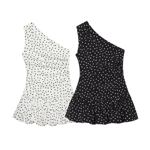 Women European Style One Shoulder Asymmetric Polka Dot Midi Dress Ruffle Gathering Slim Fit Summer Party Dress