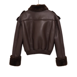Back view of short brown leather jacket featuring plush fur collar and ribbed hemline