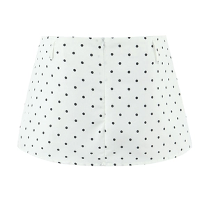 Detailed back view of white polka dot mini skirt with hidden zipper and belt loops