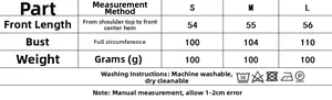 Size chart for lace top and high waist skirt set detailing bust and length measurements