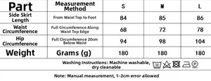 Size chart for lace top and skirt set showing length waist and hip measurements in cm