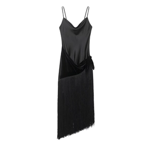 Abito Donna Sexy Nero in Raso con Scollo a Cappuccio con Orlo Asimmetrico a Frange e Patchwork di Fiocchi per Feste Serali Midi