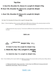 Detailed size chart for blazer and skirt set with measurements in cm for S to XL