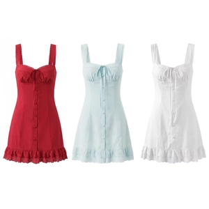 Women Sweet French Vintage Square Neck Sleeveless Lace Eyelet Mini Dress Cotton Bow Front Button Down Ruffle Hem Dress