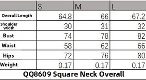Detailed size guide table for women's square neck bodysuit featuring S, M, L measurements